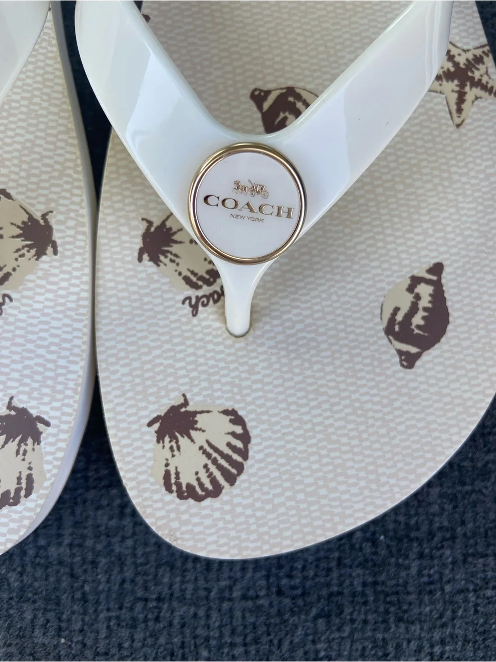 NWOT COACH White Flip Flop Sandals with Brown Shell Print Size 5B